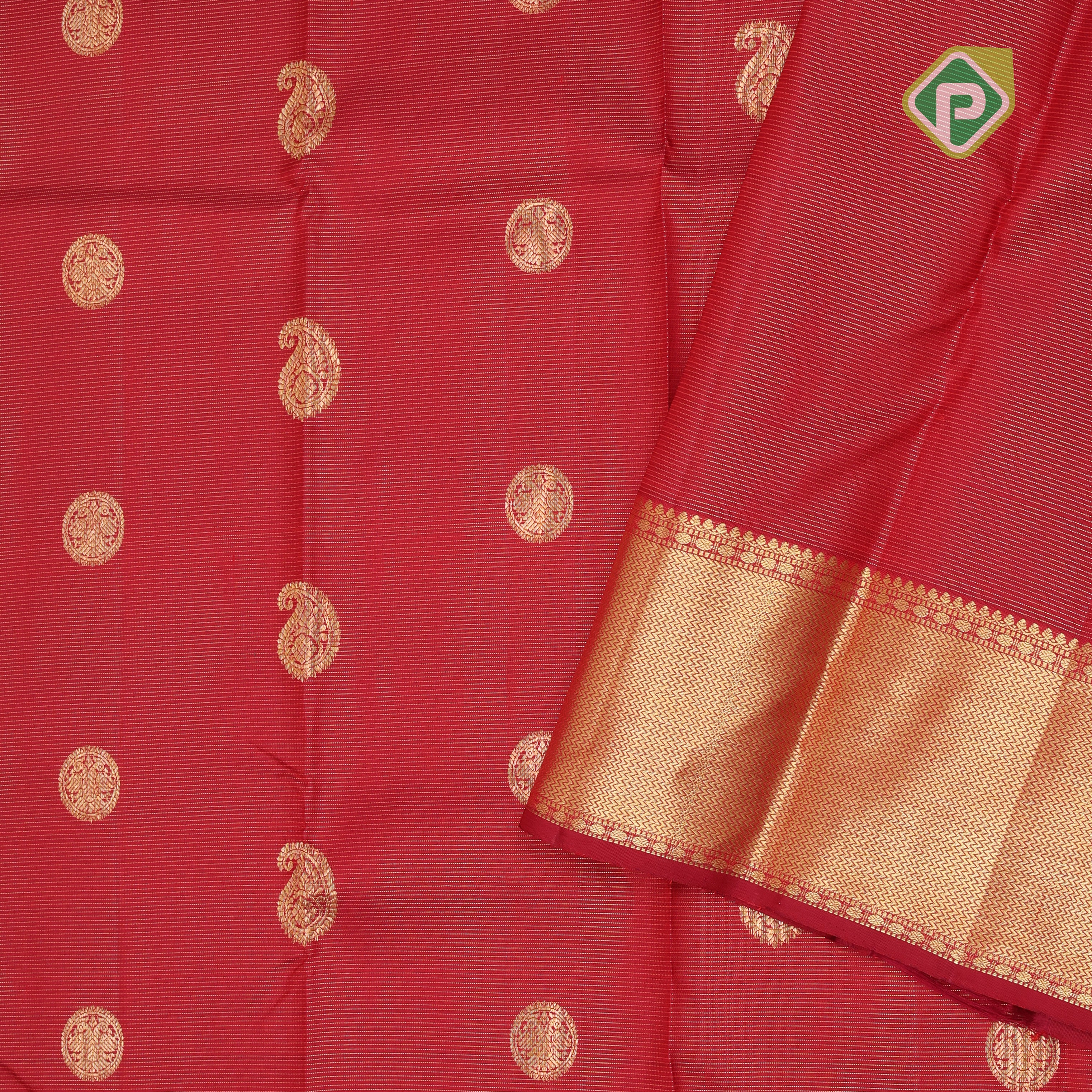Rani red gold zari chakkaram mango butta self gold zari zig zag design border koorai silk saree