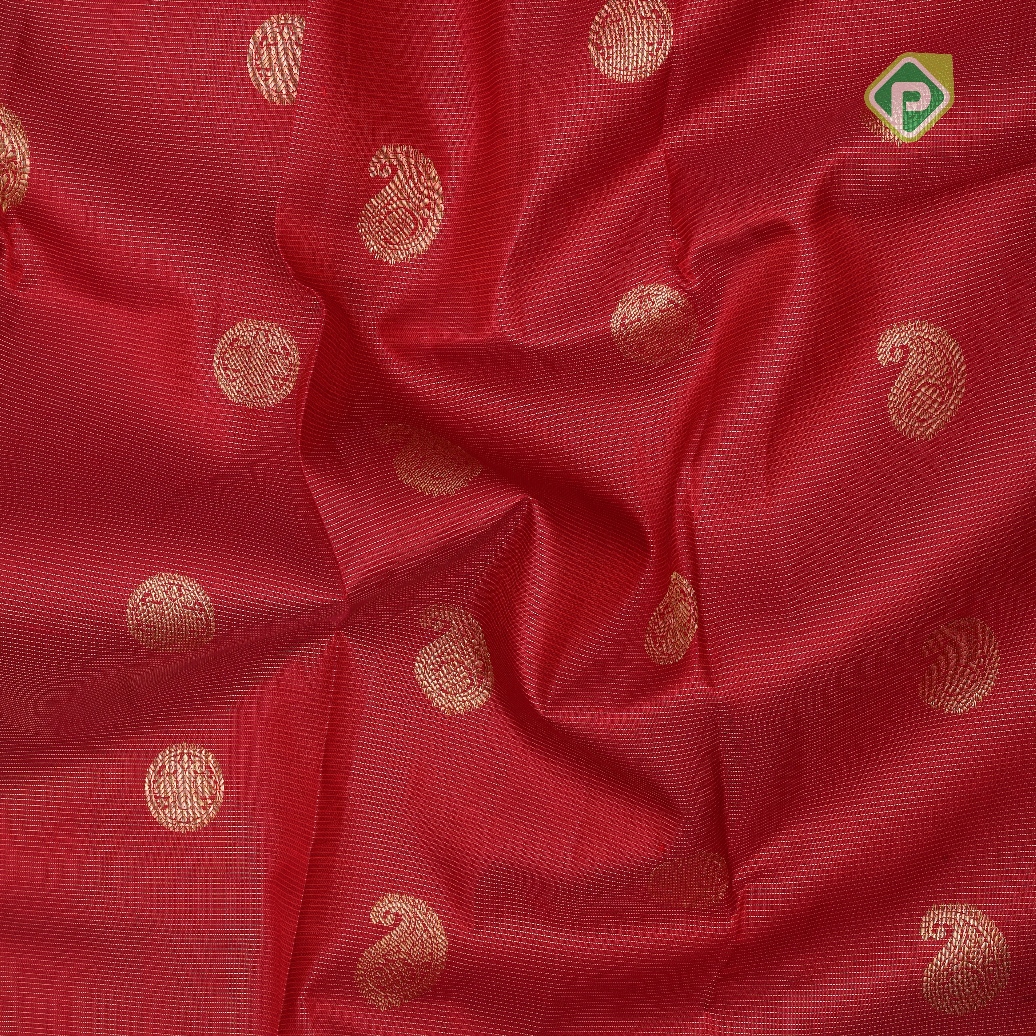 Rani red gold zari chakkaram mango butta self gold zari zig zag design border koorai silk saree