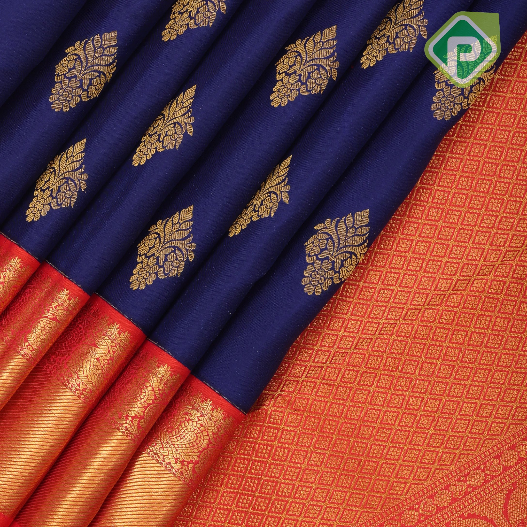 Royal gold zari fancy floral butta design red gold zari peacock lines border traditional retro silk saree