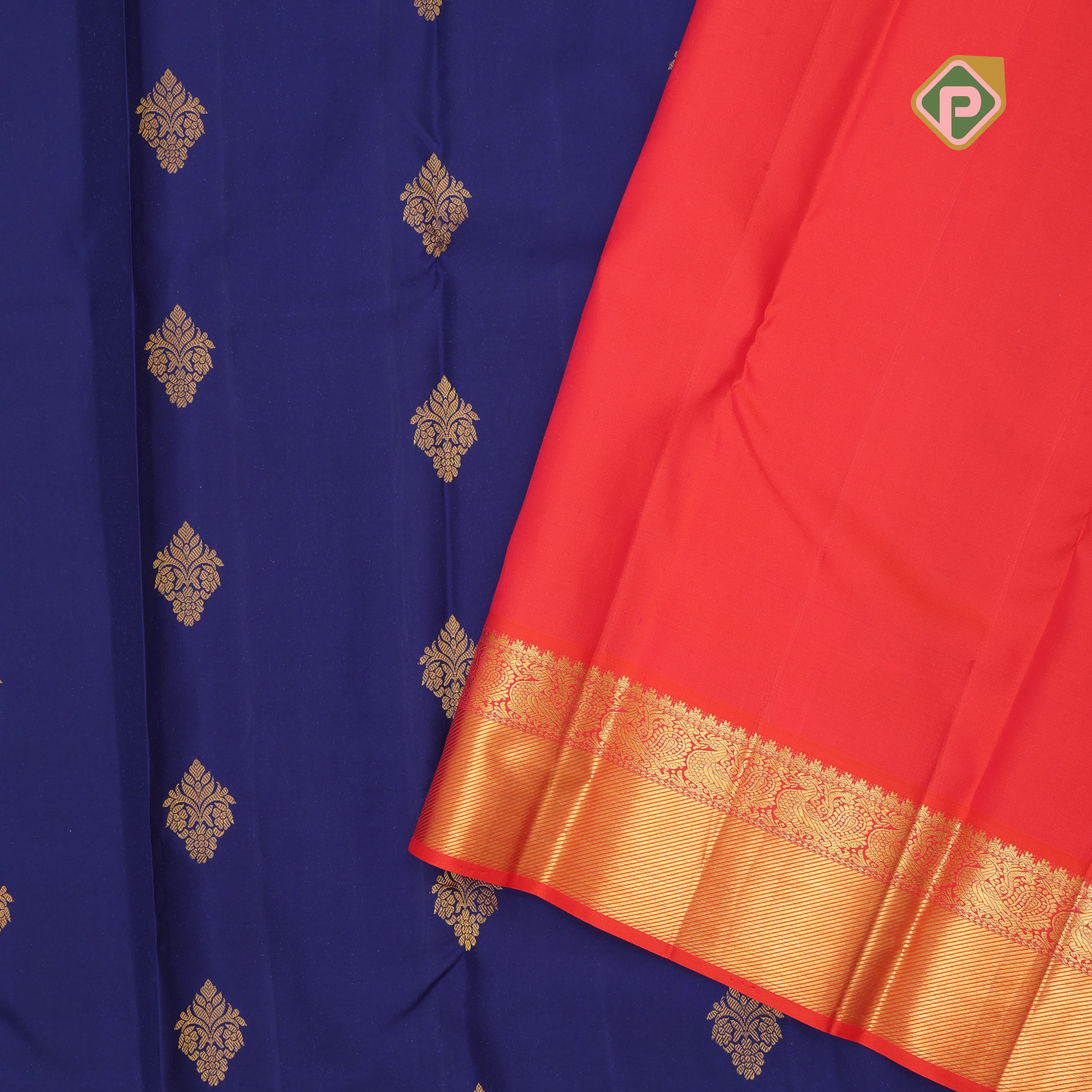 Royal gold zari fancy floral butta design red gold zari peacock lines border traditional retro silk saree