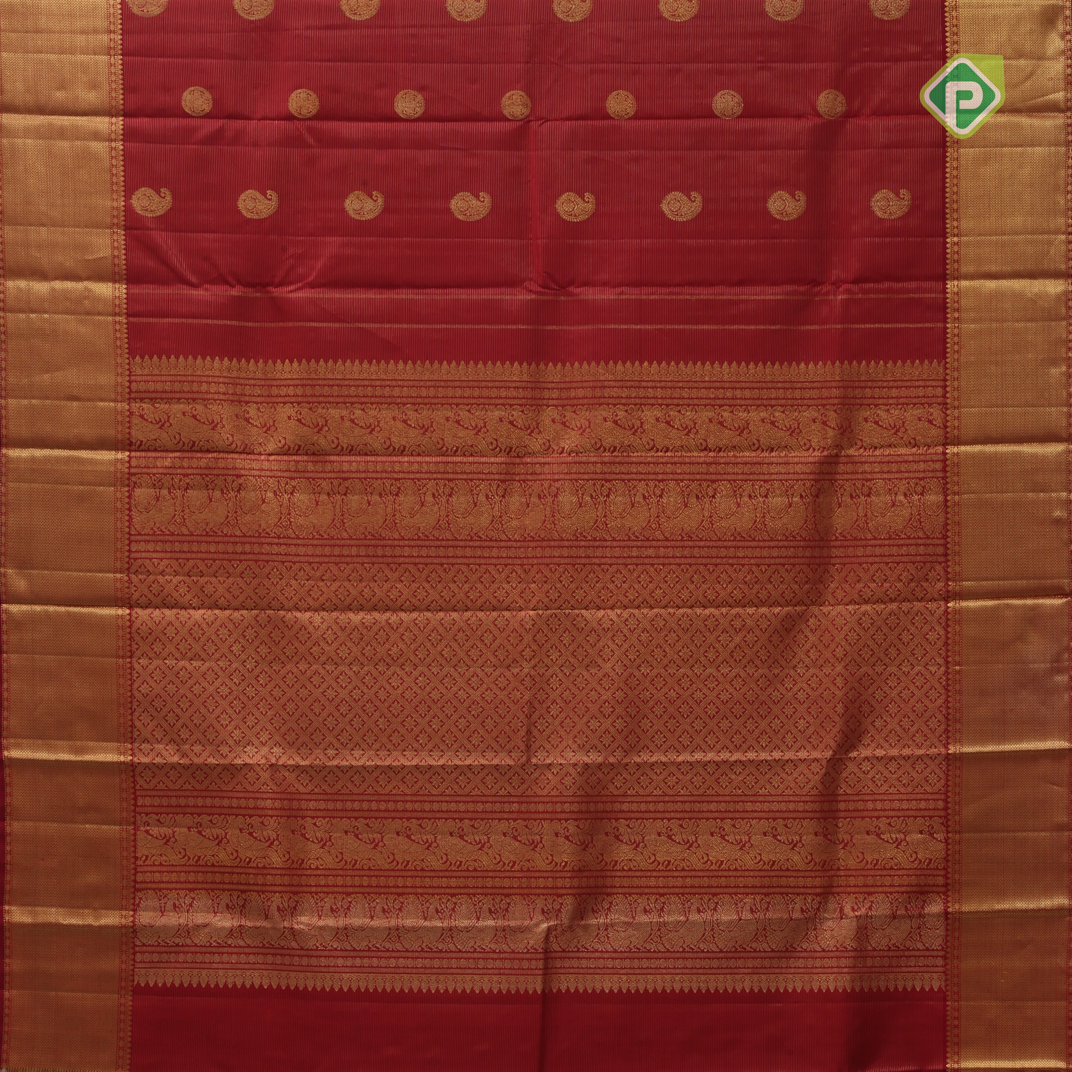 Rani red gold zari chakkaram mango butta self gold zari zig zag design border koorai silk saree