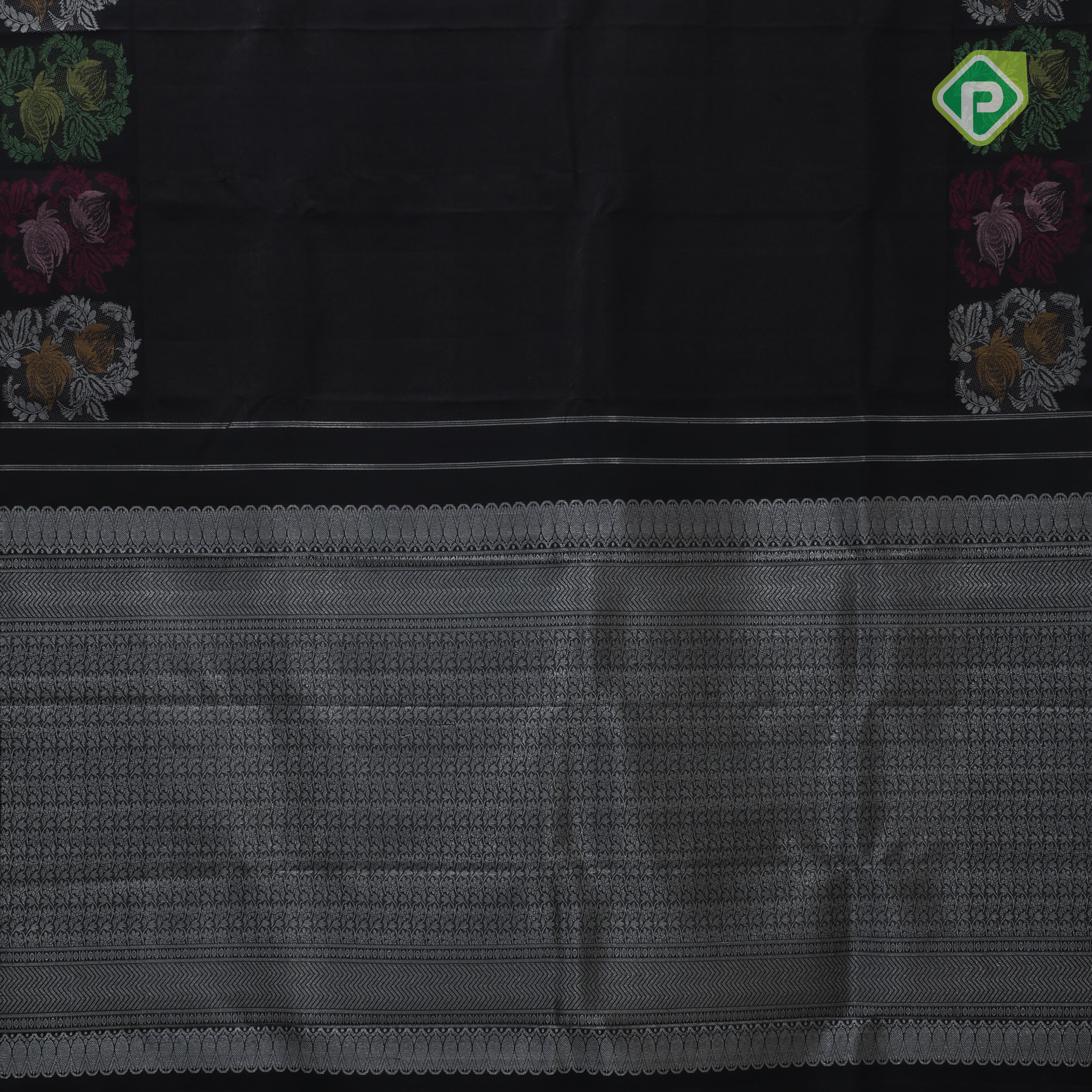 Black and zari grand self weaved design self multi color big fancy flower butta border Luxury black silk saree