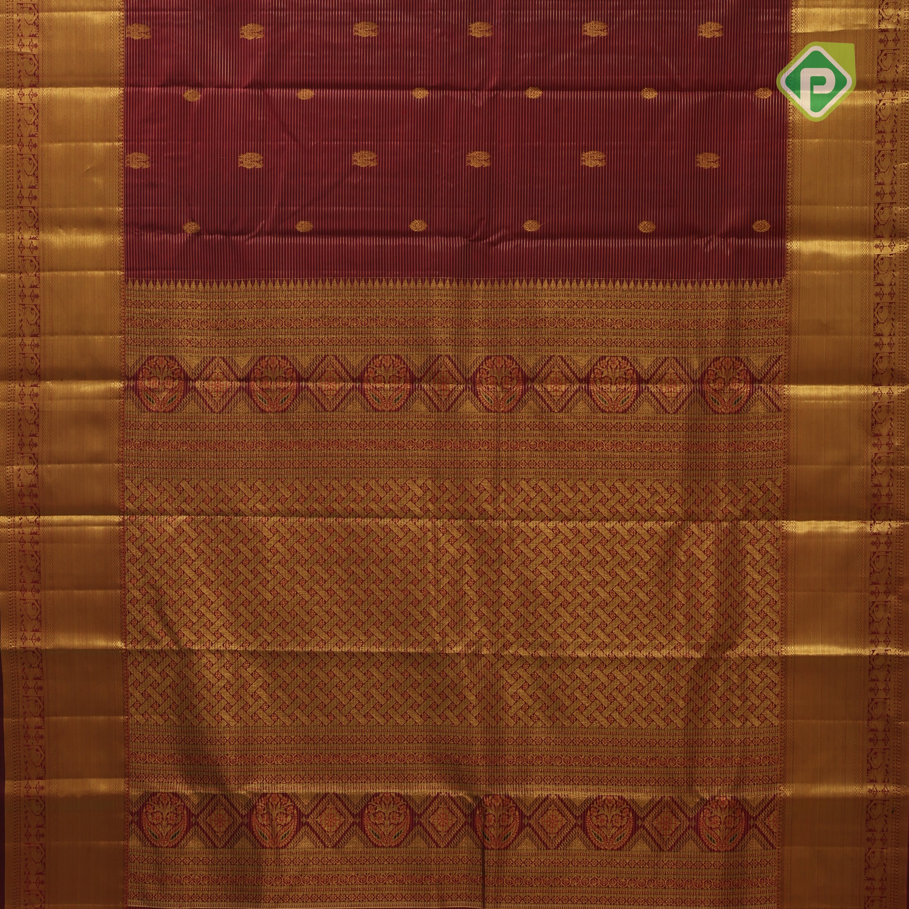 maroon red gold zari lines peacock rudraksham butta self gold zari bavanji border traditional silk saree