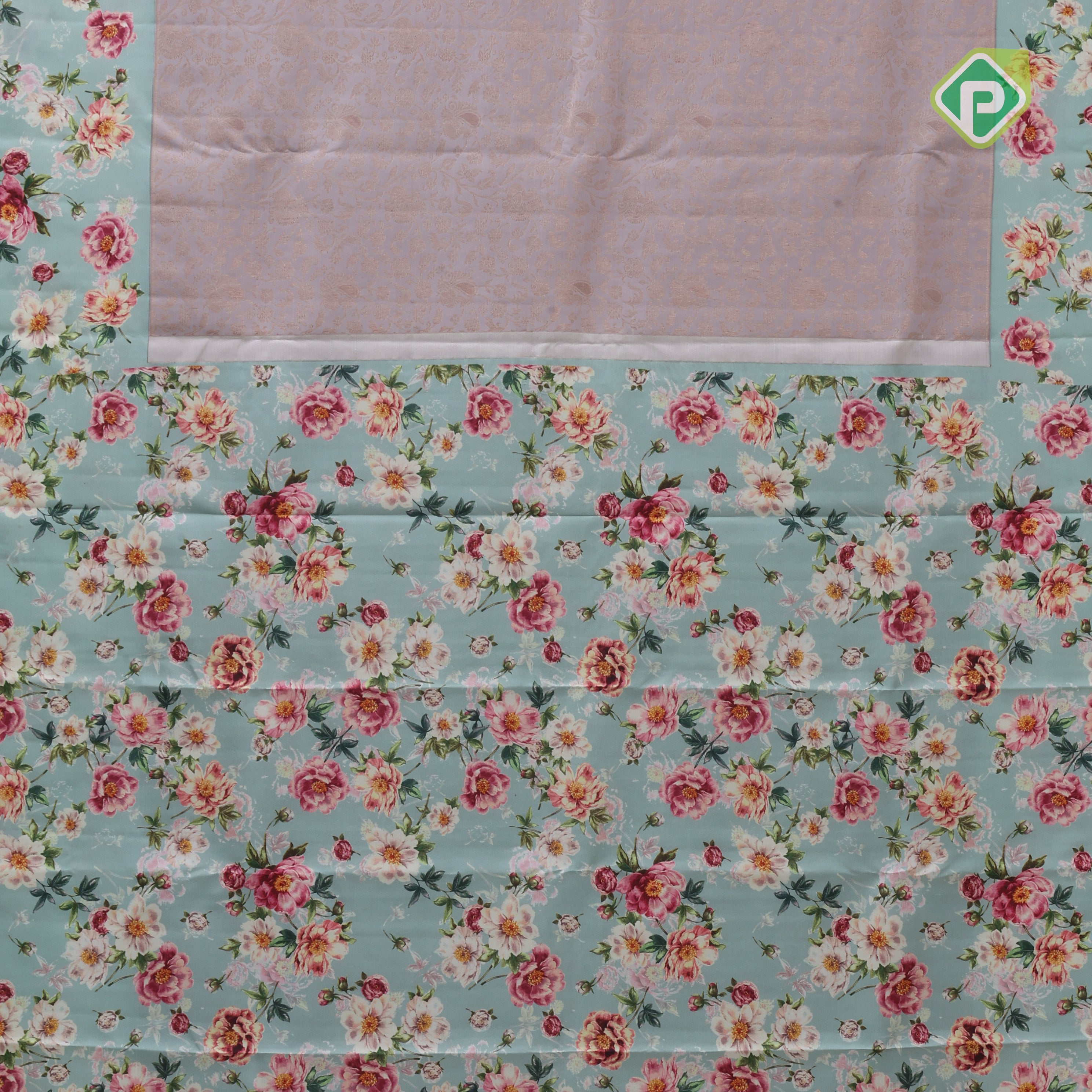 Lavender gold zari grand floral design cardamon green base fancy floral printed border digital print silk saree