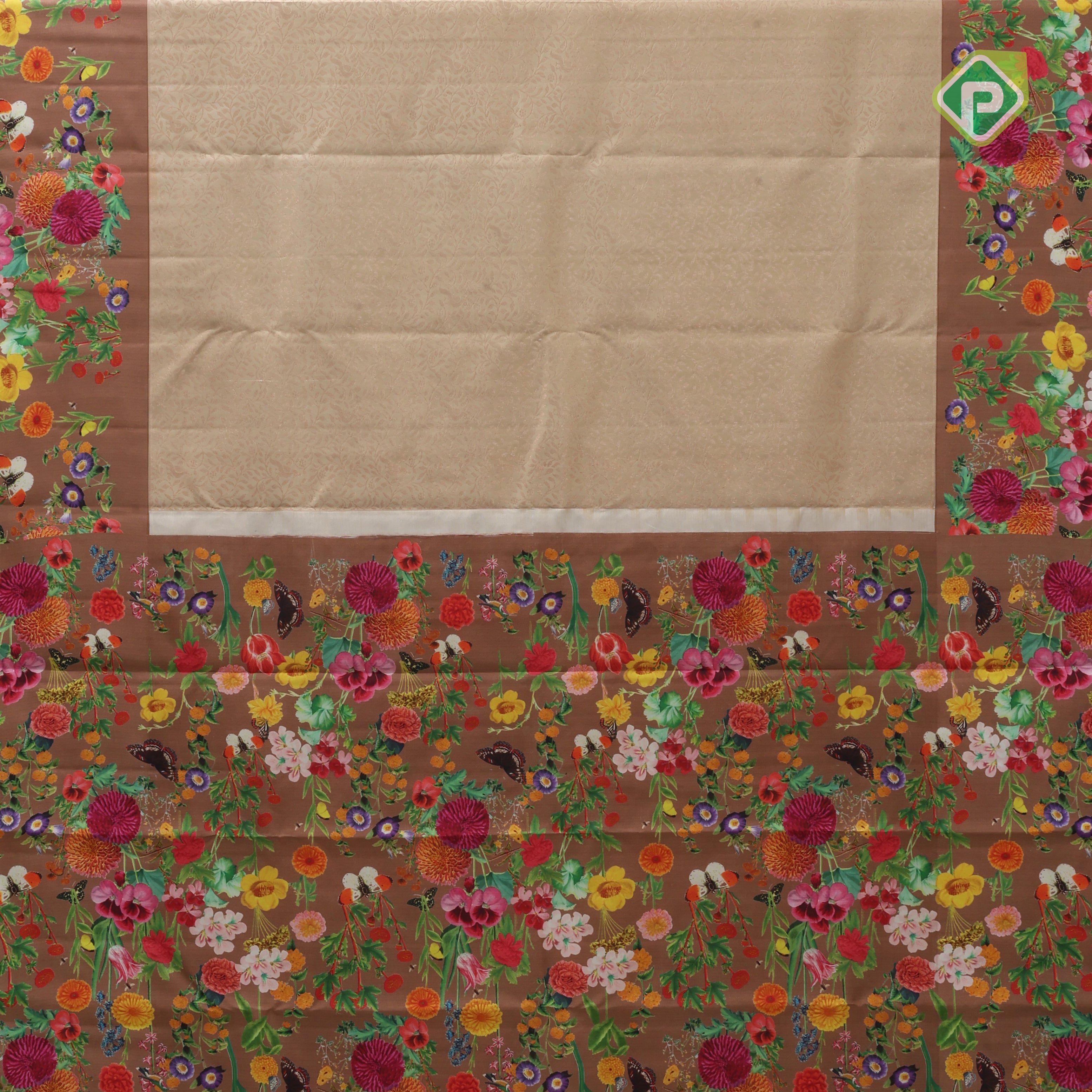 Mint copper silver zari grand floral design fancy floral printed border digital print silk saree