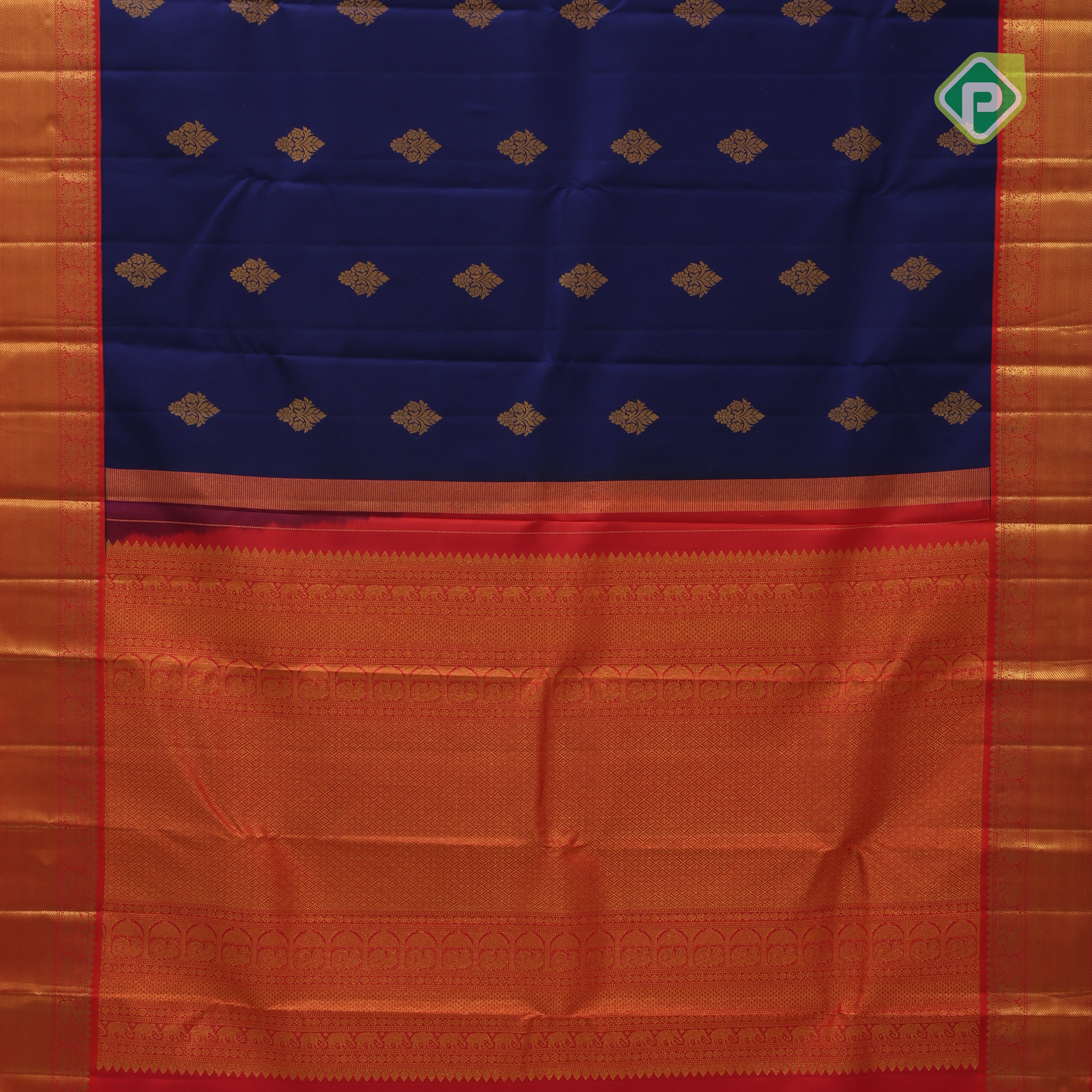 Royal gold zari fancy floral butta design red gold zari peacock lines border traditional retro silk saree