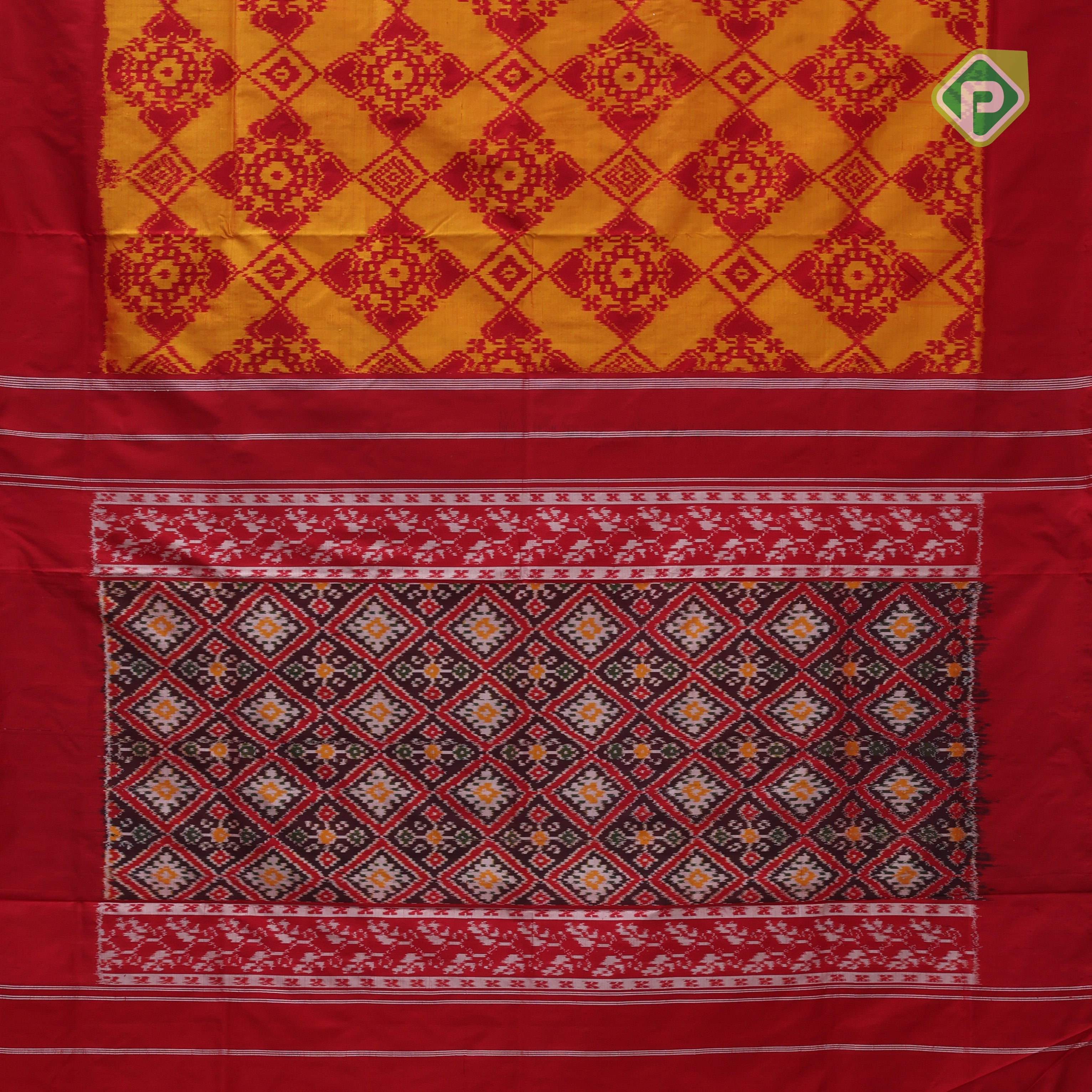 mango yellow red combination ikkat floral design solid red plain border ikkat silk saree