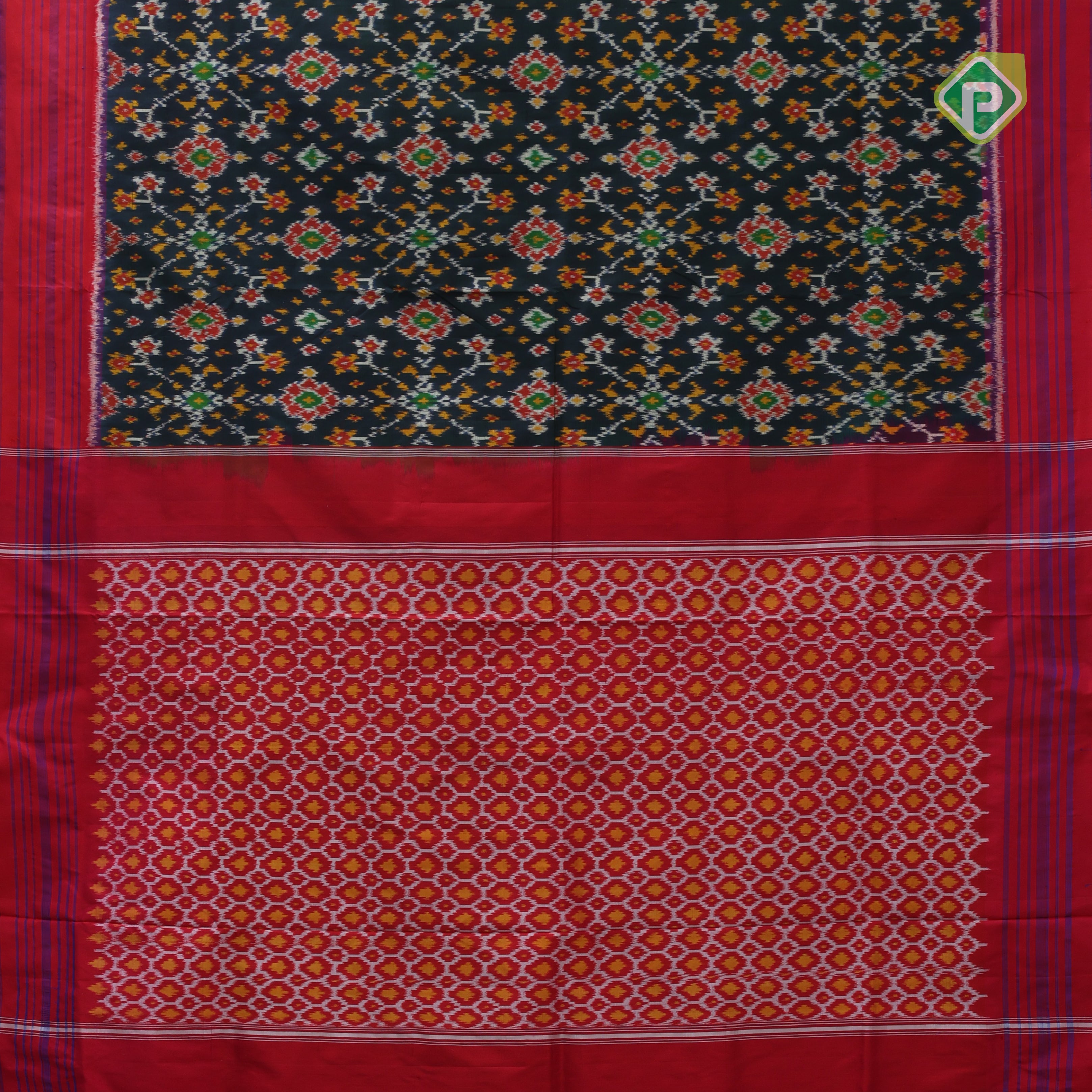 peacock blue with multi color ikkat design rani pink lines border ikkat silk saree