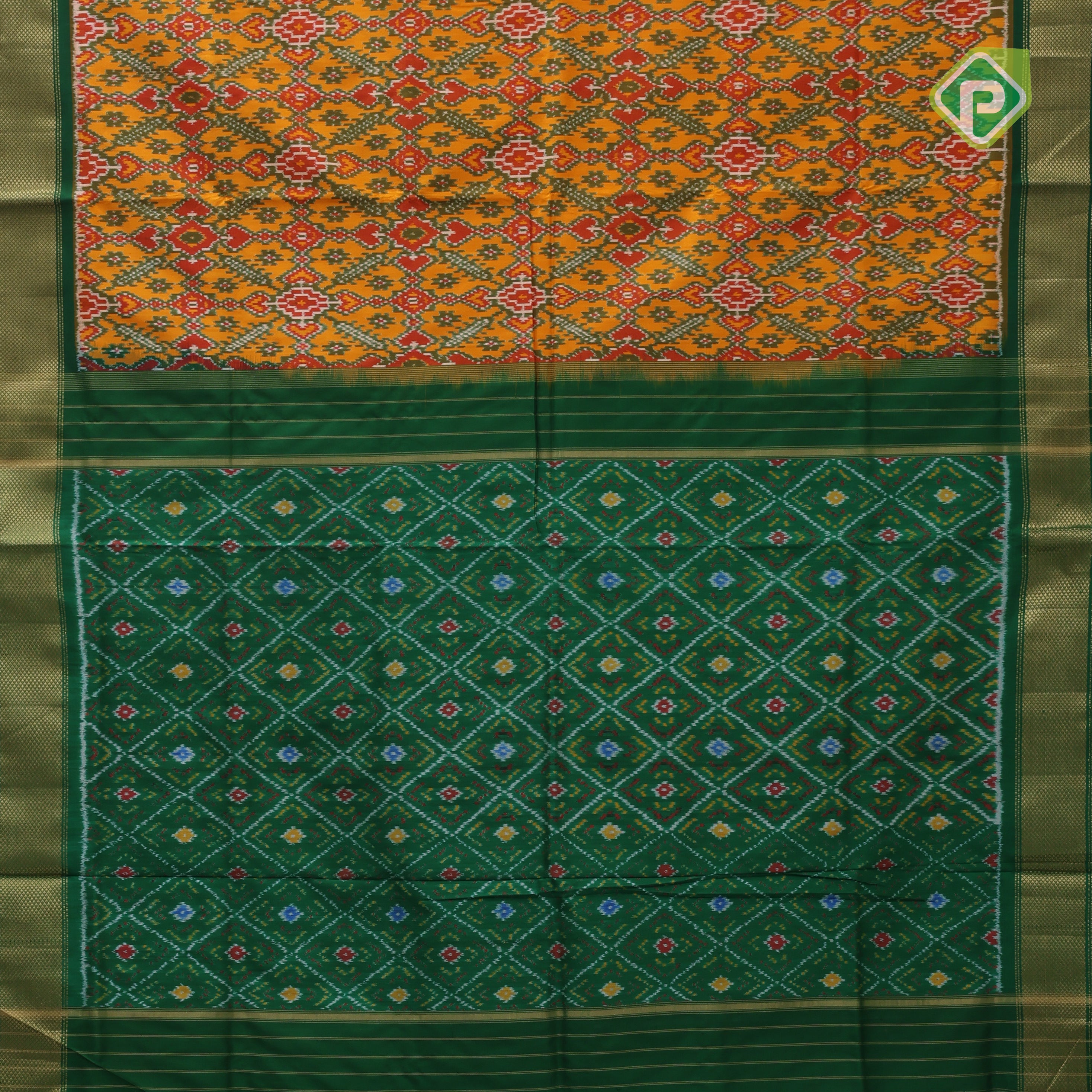 yellow base multi color ikkat design contrast green gold zari diamond border ikkat silk saree