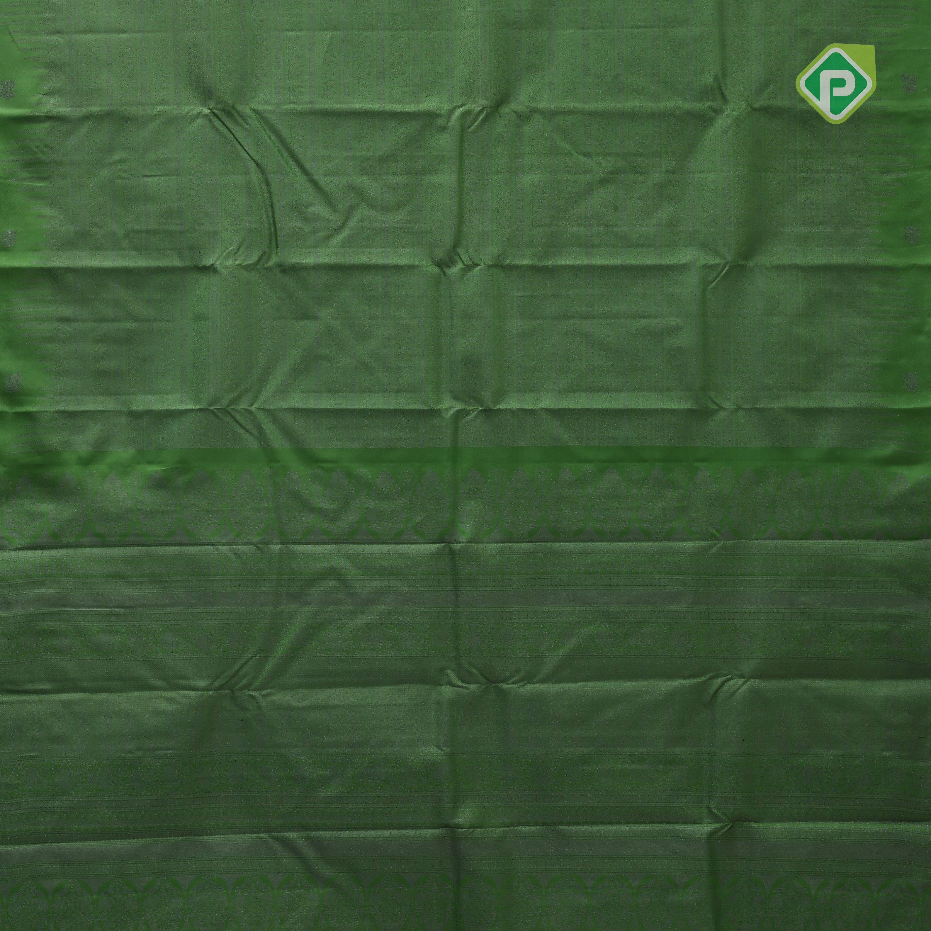 Emarald green gold zari small butta lines self gold zari zig zag border all over weaved silk saree