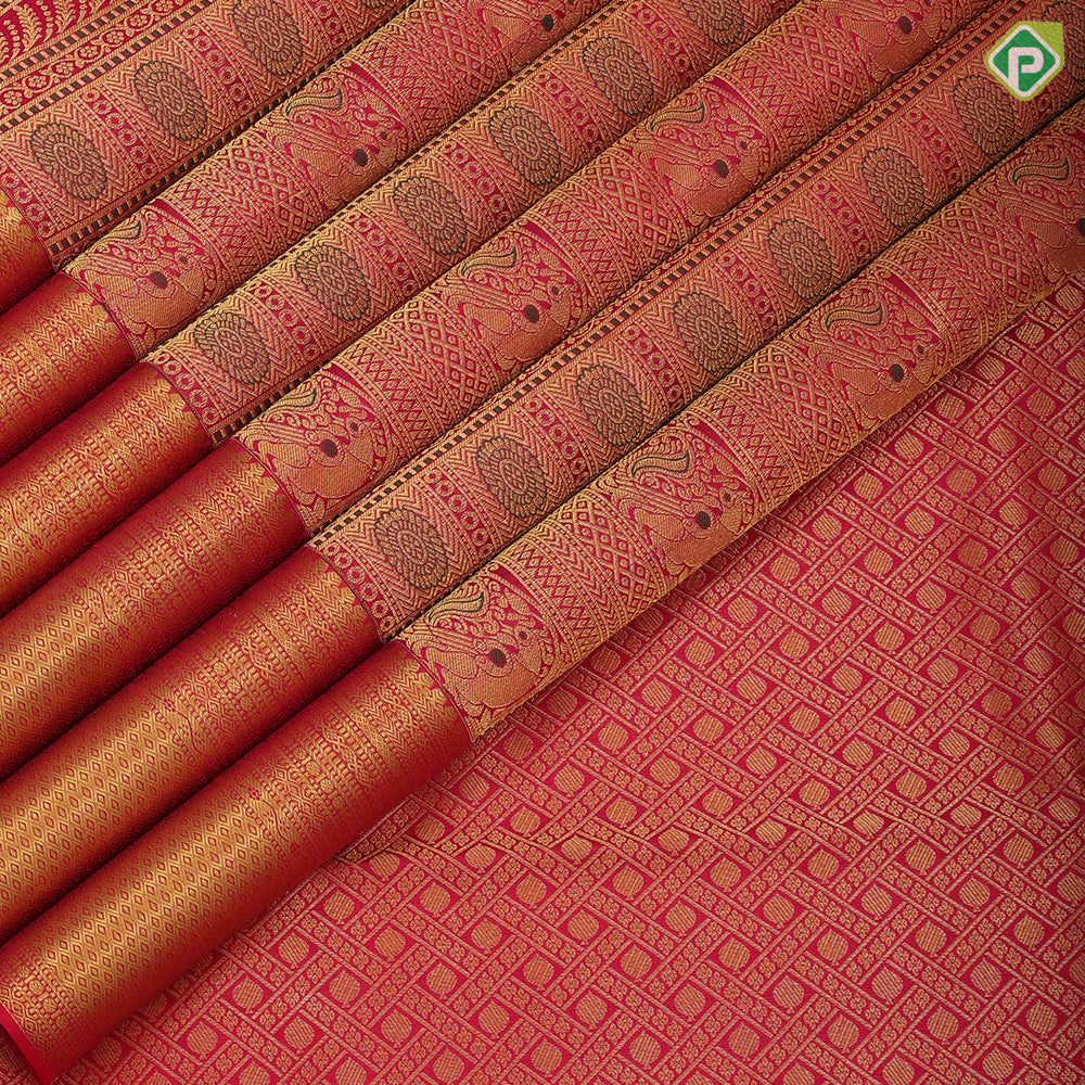 Rani red gold zari silk thread work multi design stripes self gold zari mayilkan design border grand silk saree