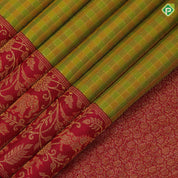 green and yellow combo gold zari kattam design tomato red gold zari vanasingaram design green edge border traditional silk saree