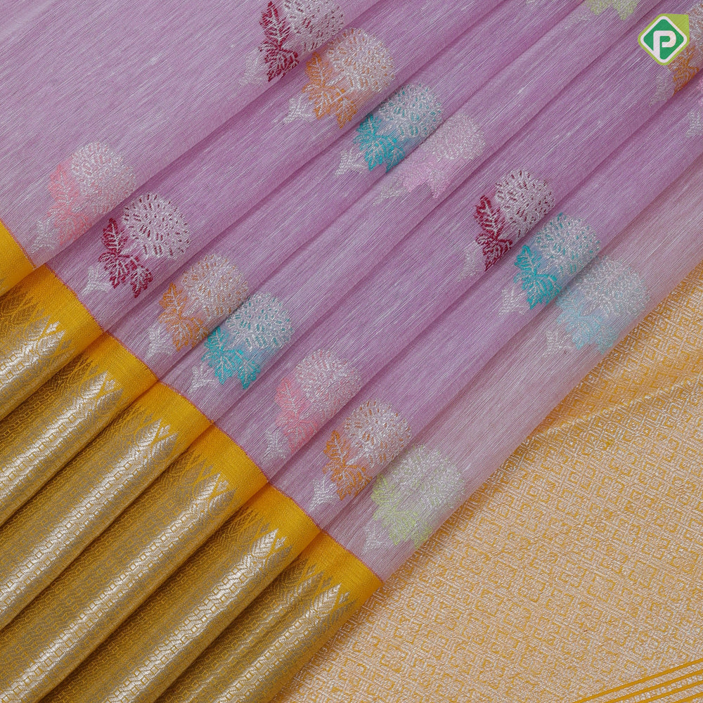 Pewter pink silver zari multi color thread flower butta yellow silver zari fancy border kora linen silk saree