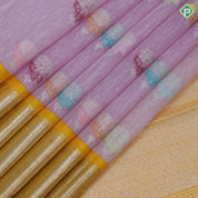Pewter pink silver zari multi color thread flower butta yellow silver zari fancy border kora linen silk saree