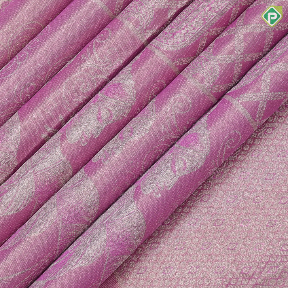 Baby pink silver zari grand cross checks fancy mango self plain background dancing women posture tissue silk saree