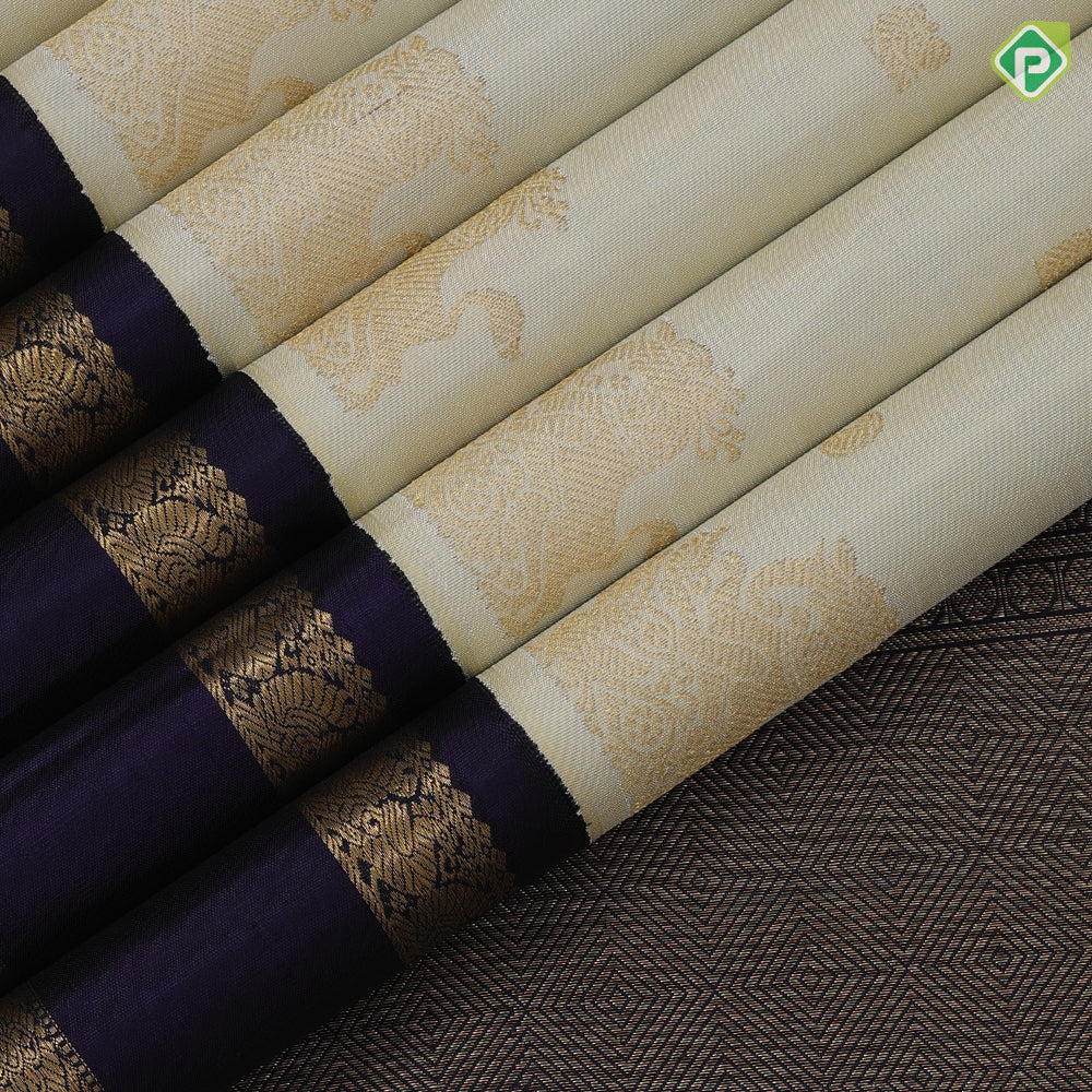 Milk White gold zari mango and annam butta design gold zari yaali butta padded blue gold zari rette pett border traditional silk saree