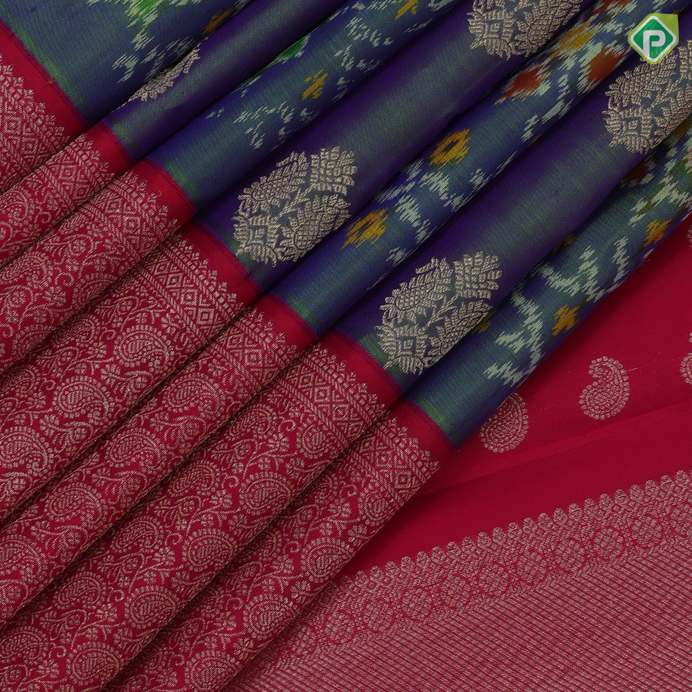 Sage Green Gold Zari Mango Floral Ikkat Design Rani Pink Mango Floral Border Design Trendy Silk Saree