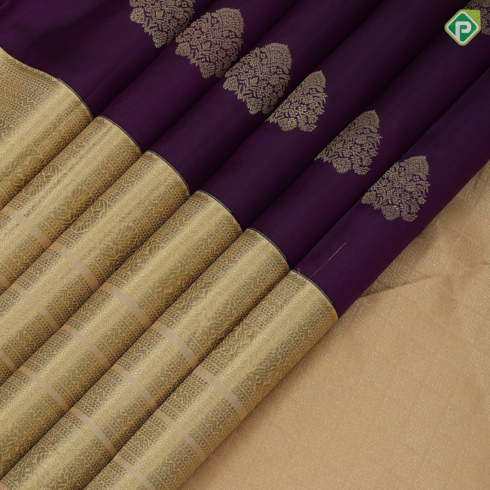 Purple violet gold zari fancy thilagam butta contrast sandal gold zari multi design line border gift silk saree
