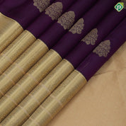 Purple violet gold zari fancy thilagam butta contrast sandal gold zari multi design line border gift silk saree