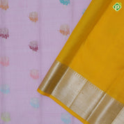 Pewter pink silver zari multi color thread flower butta yellow silver zari fancy border kora linen silk saree