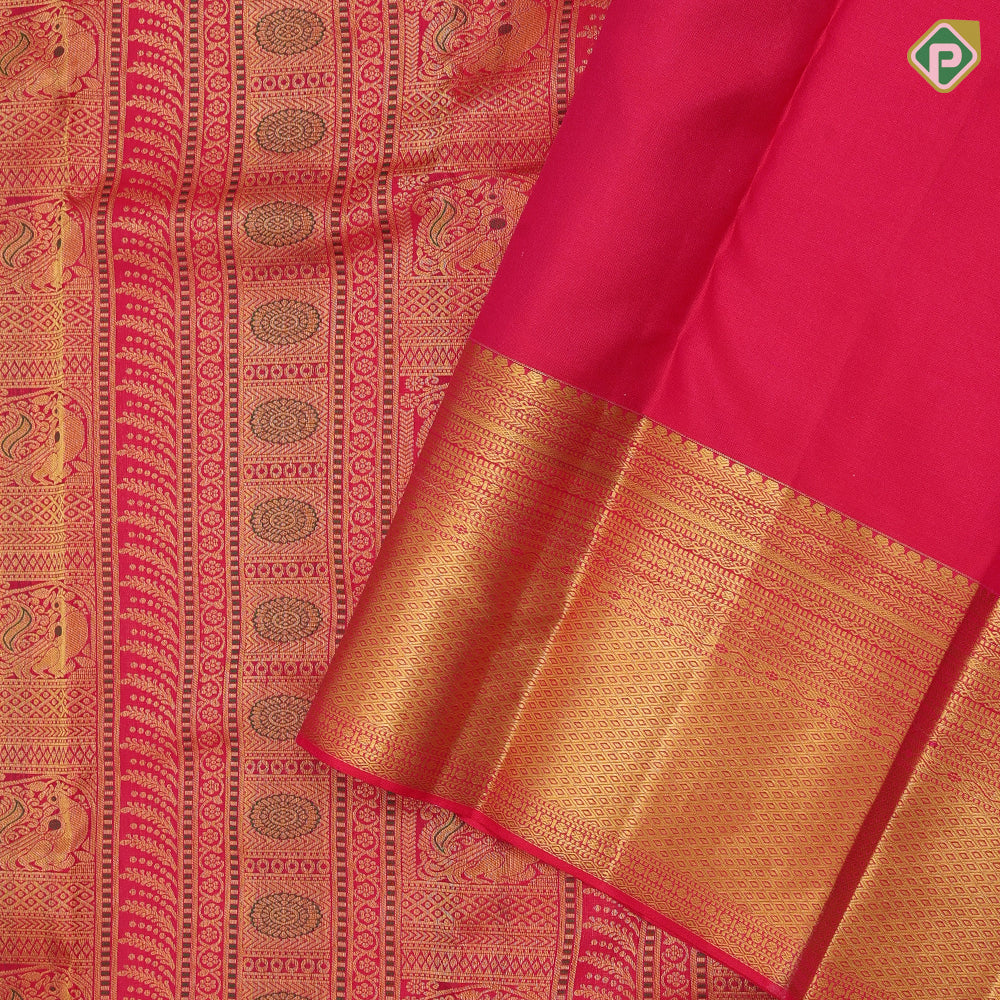 Rani red gold zari silk thread work multi design stripes self gold zari mayilkan design border grand silk saree