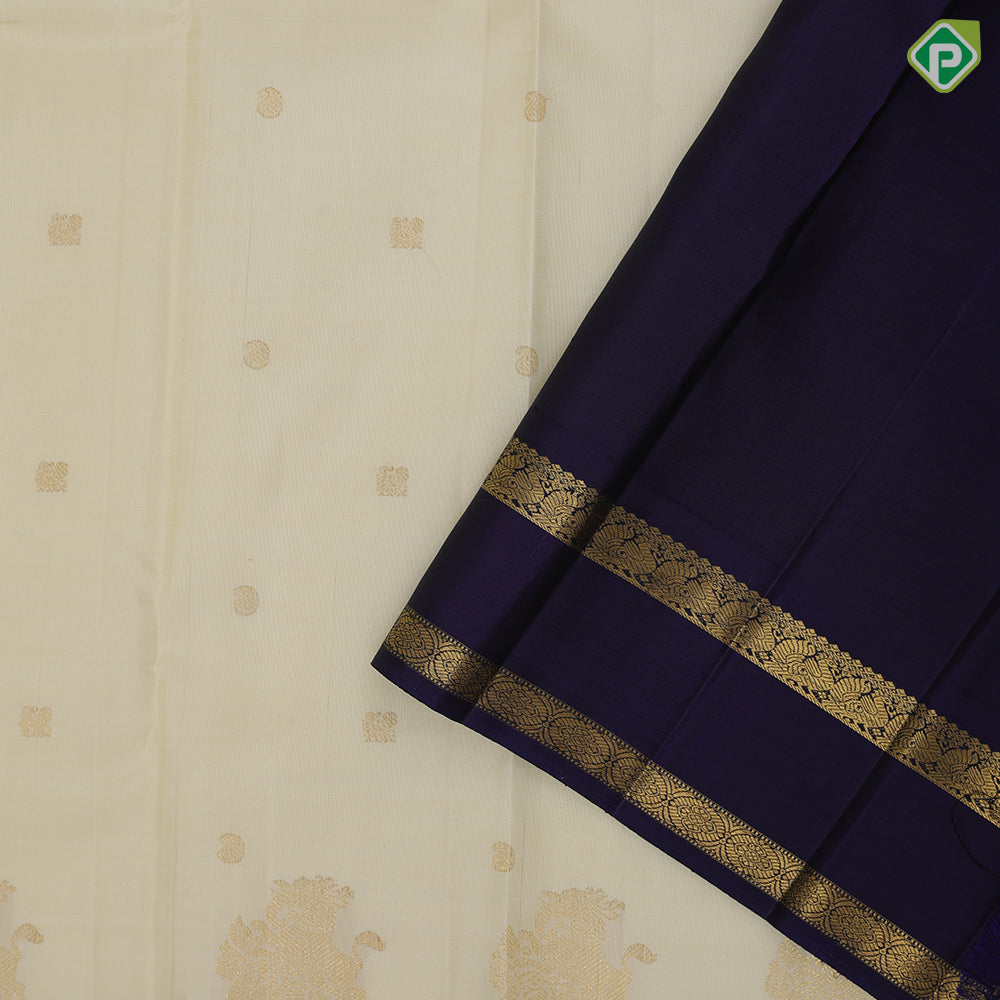 Milk White gold zari mango and annam butta design gold zari yaali butta padded blue gold zari rette pett border traditional silk saree