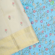 Sky blue multi color floral creeper embroidered design sandal gold zari Rangoli mid retta pattai border embroidery silk saree
