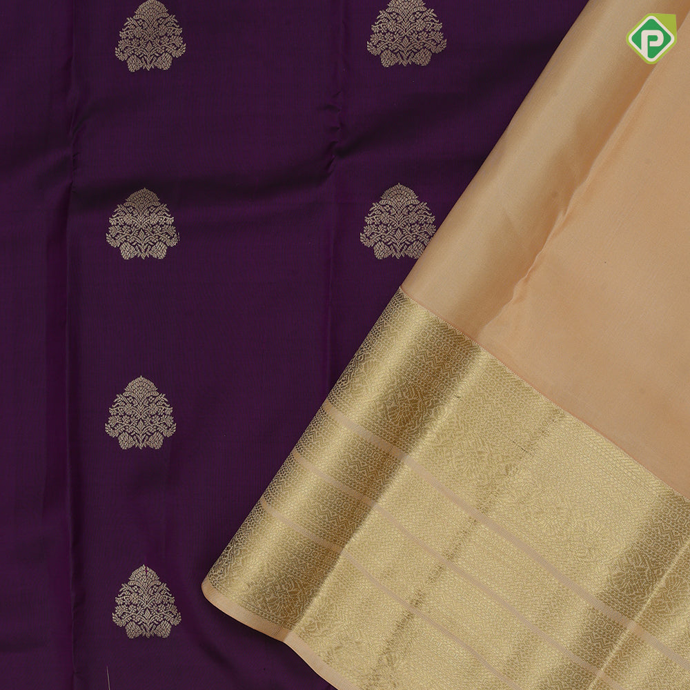 Purple violet gold zari fancy thilagam butta contrast sandal gold zari multi design line border gift silk saree