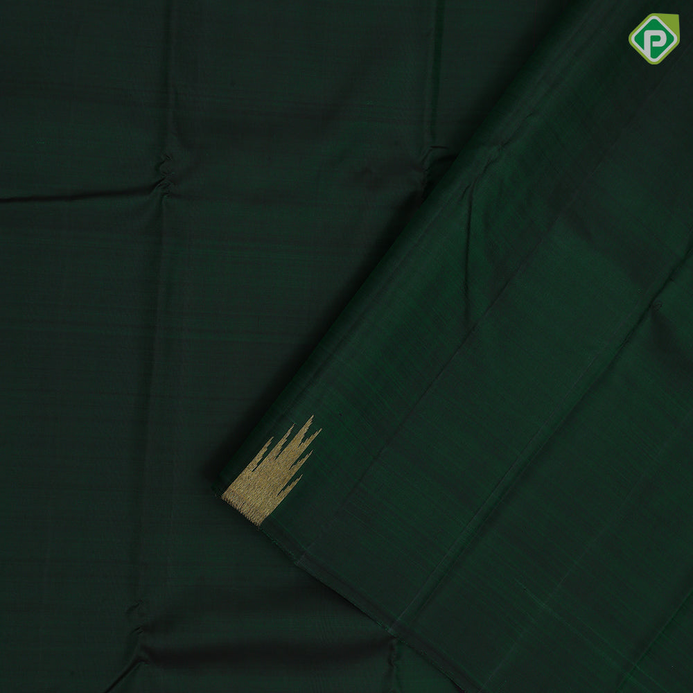 Bottle green full body plain self gold zari temple rack border traditional silk saree