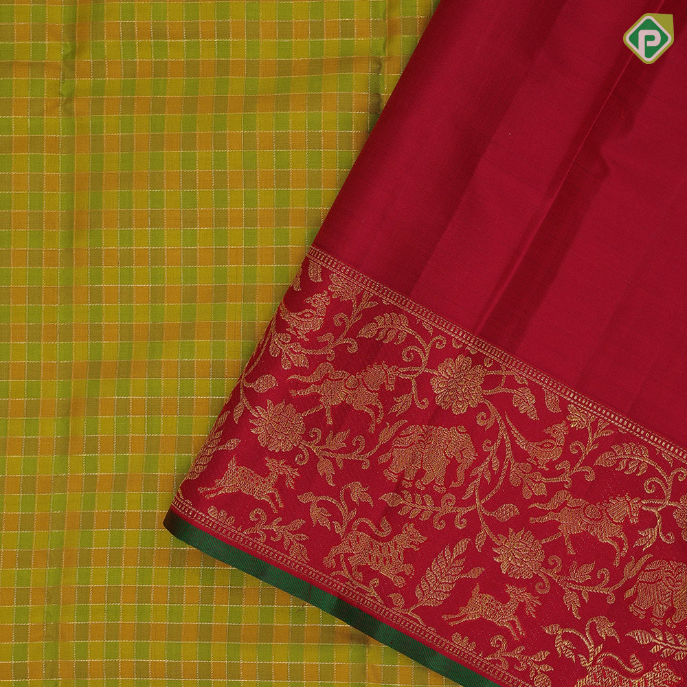 green and yellow combo gold zari kattam design tomato red gold zari vanasingaram design green edge border traditional silk saree