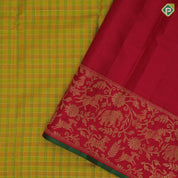 green and yellow combo gold zari kattam design tomato red gold zari vanasingaram design green edge border traditional silk saree