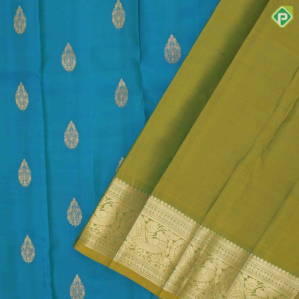 Rexsona Green Gold Zari Thilagam Butta Design Olive Green Peacock Border Design Pure Mix Silk Saree