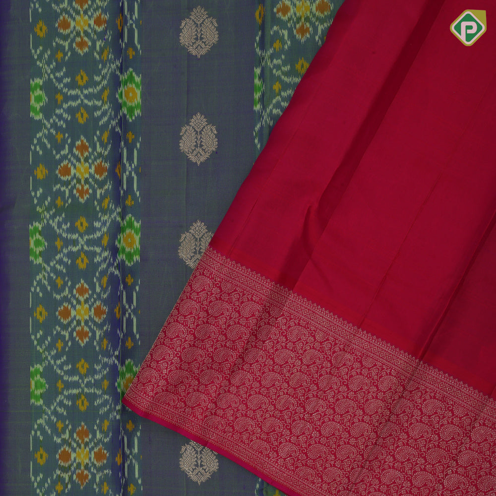 Sage Green Gold Zari Mango Floral Ikkat Design Rani Pink Mango Floral Border Design Trendy Silk Saree