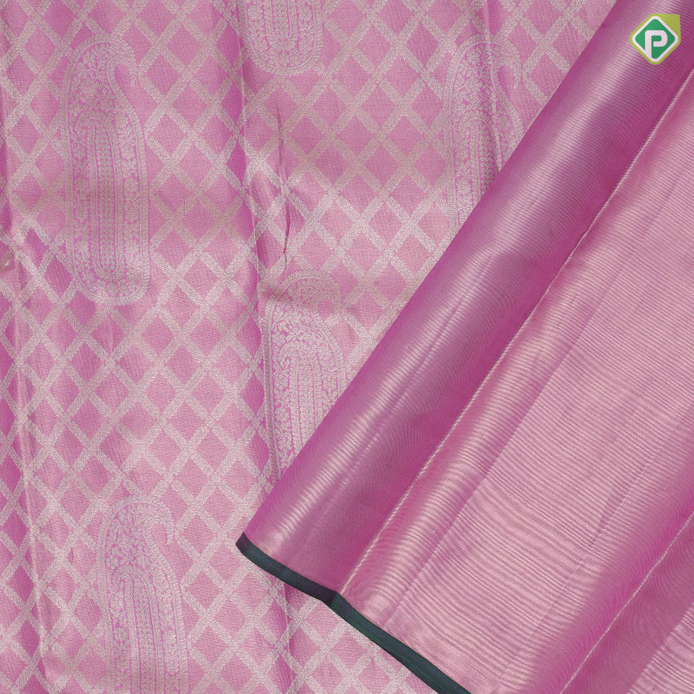 Baby pink silver zari grand cross checks fancy mango self plain background dancing women posture tissue silk saree