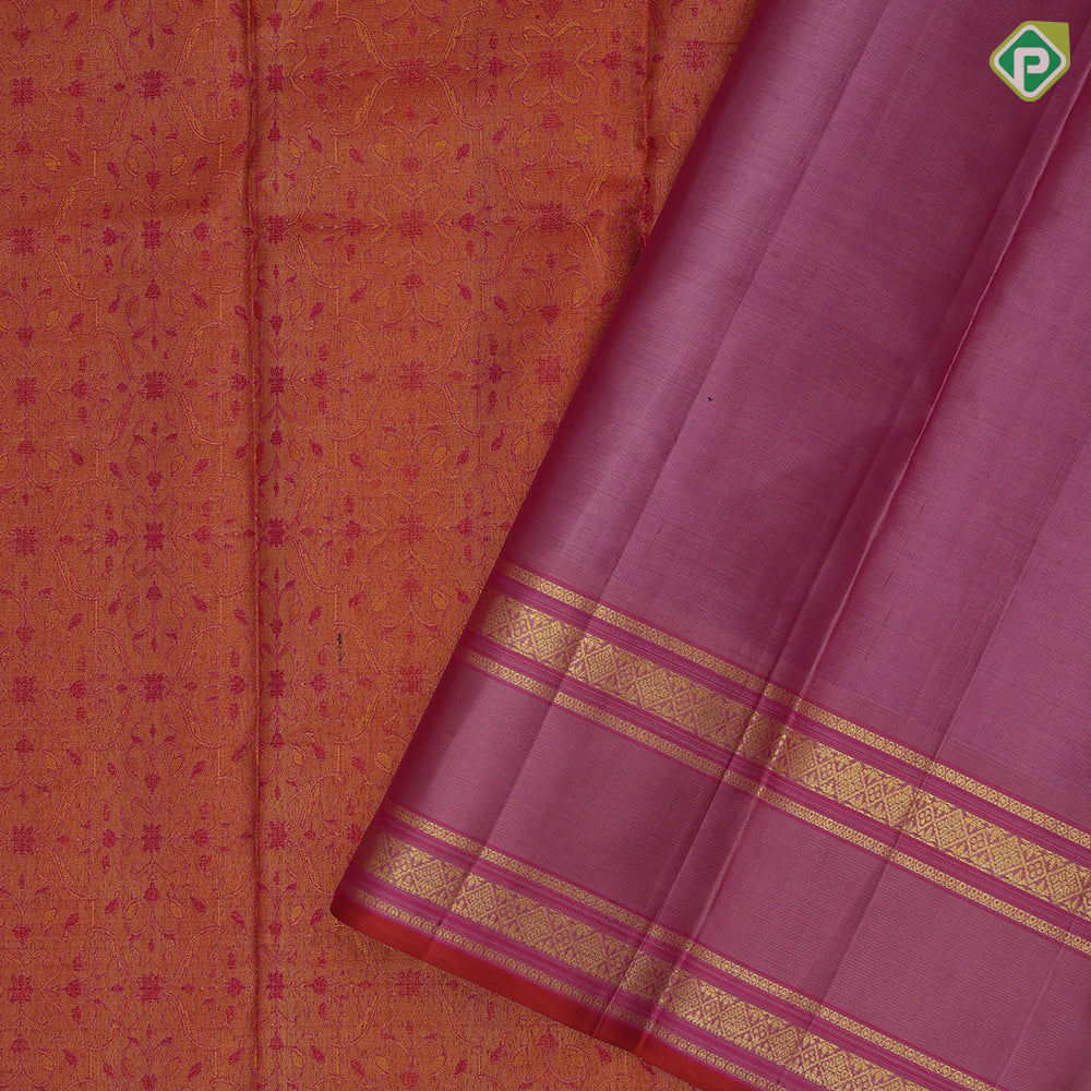 Reddish Orange Gold Zari Floral Design Pink Colour Diamond Design Border Design Trendy Silk Saree