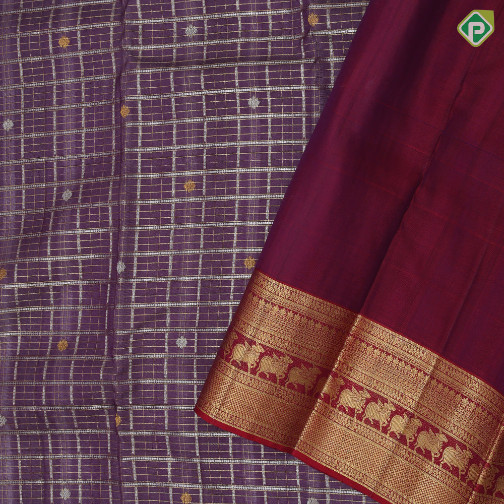 Mulberry color silver and gold zari checks and butta red gold zari kamadhenu butta border Kora silk saree