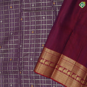 Mulberry color silver and gold zari checks and butta red gold zari kamadhenu butta border Kora silk saree