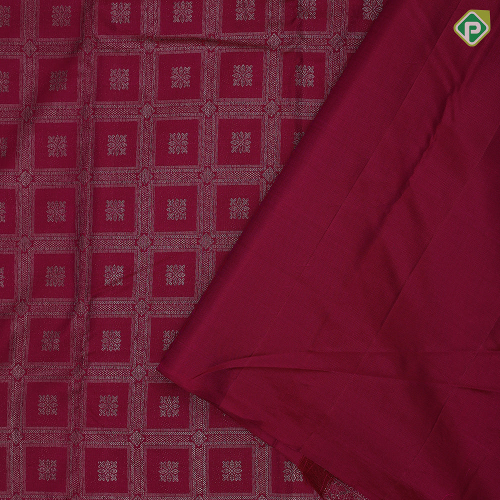 Magenta color neem zari checks self designed square butta self neem zari multi design lines border bridal silk saree