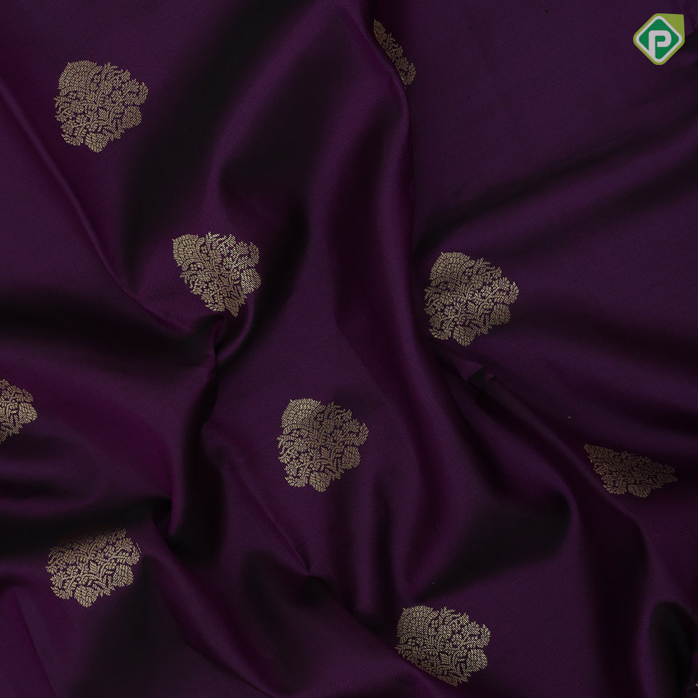 Purple violet gold zari fancy thilagam butta contrast sandal gold zari multi design line border gift silk saree