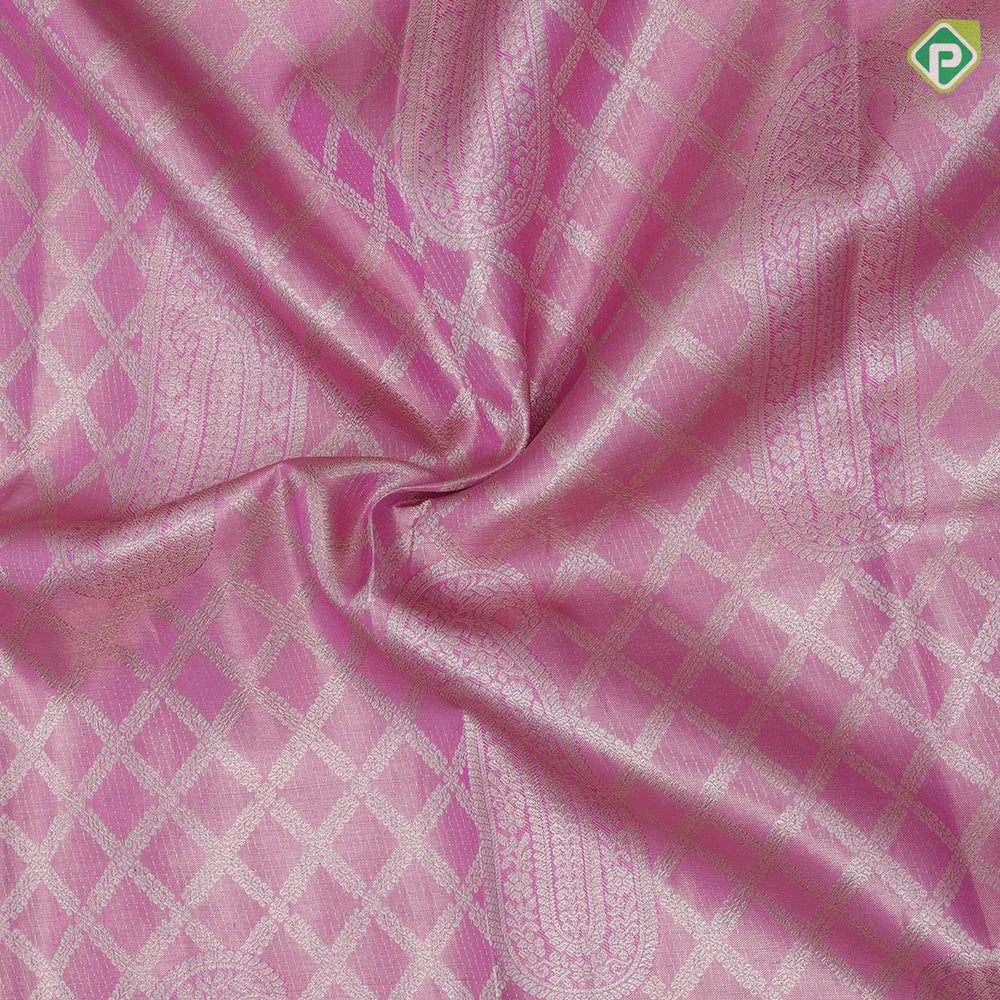 Baby pink silver zari grand cross checks fancy mango self plain background dancing women posture tissue silk saree