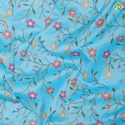 Sky blue multi color floral creeper embroidered design sandal gold zari Rangoli mid retta pattai border embroidery silk saree