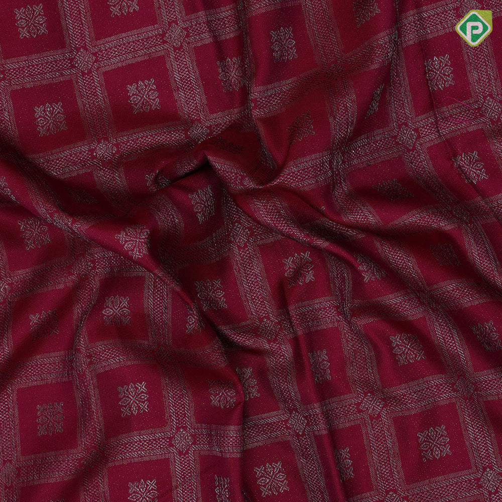 Magenta color neem zari checks self designed square butta self neem zari multi design lines border bridal silk saree