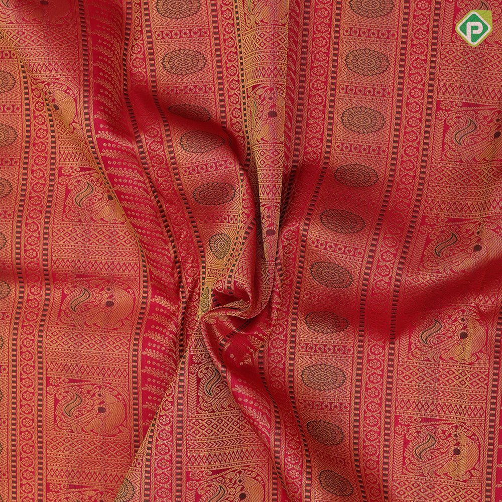 Rani red gold zari silk thread work multi design stripes self gold zari mayilkan design border grand silk saree