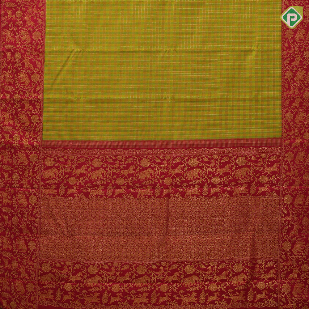 green and yellow combo gold zari kattam design tomato red gold zari vanasingaram design green edge border traditional silk saree