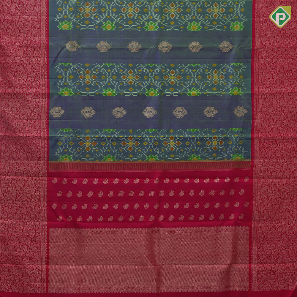 Sage Green Gold Zari Mango Floral Ikkat Design Rani Pink Mango Floral Border Design Trendy Silk Saree