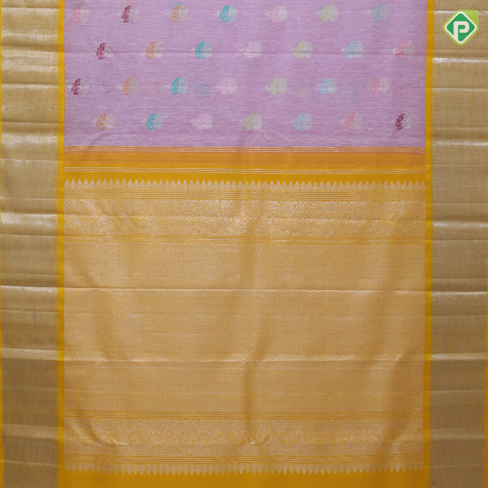 Pewter pink silver zari multi color thread flower butta yellow silver zari fancy border kora linen silk saree