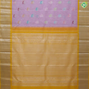 Pewter pink silver zari multi color thread flower butta yellow silver zari fancy border kora linen silk saree