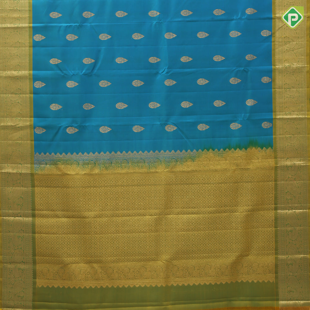 Rexsona Green Gold Zari Thilagam Butta Design Olive Green Peacock Border Design Pure Mix Silk Saree