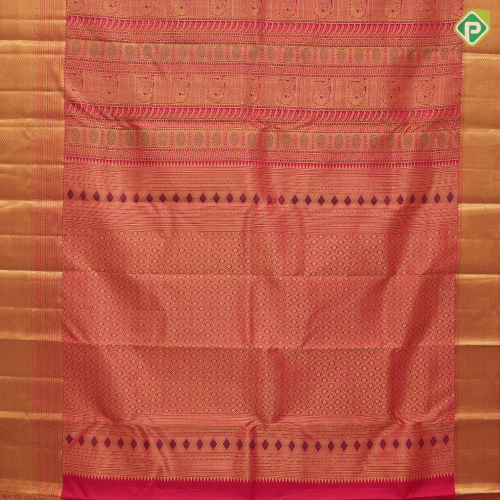 Rani red gold zari silk thread work multi design stripes self gold zari mayilkan design border grand silk saree