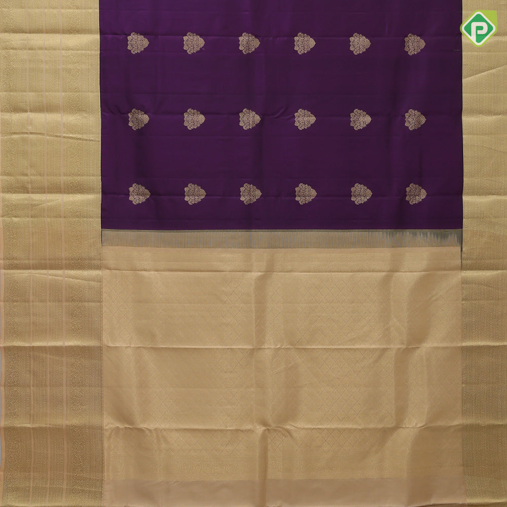 Purple violet gold zari fancy thilagam butta contrast sandal gold zari multi design line border gift silk saree
